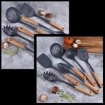 ⁦مجموعة أدوات مطبخ من السيليكون مع مقبض خشبي 12 قطعة : 12 pièces d’ustensiles de cuisine en silicone⁩ - الصورة ⁦2⁩