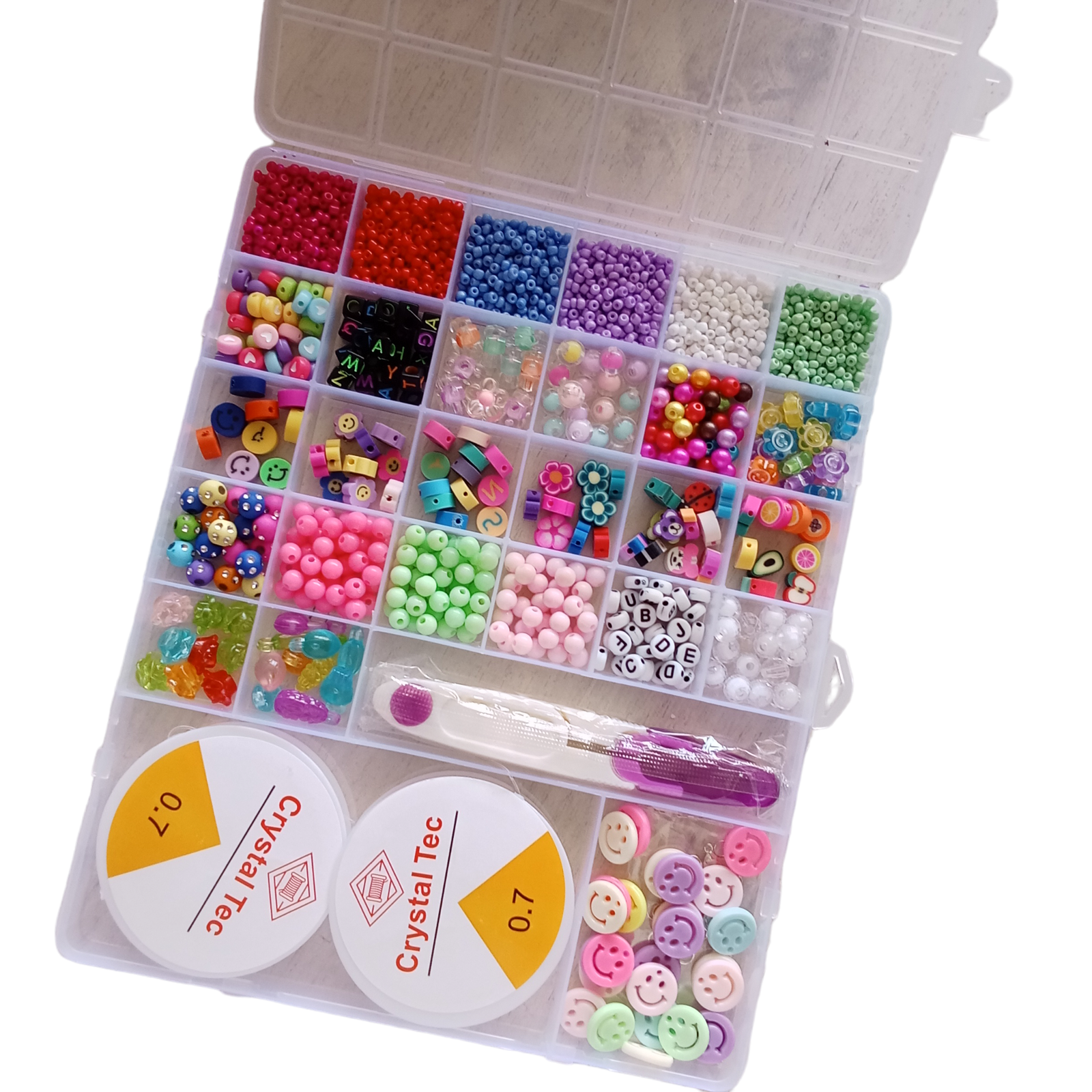 Photoroom-20240630_140824-Copie.png مجموعة بذور الزجاج و حبات الأحرف مع أدوات لصنع المجوهرات للأطفال 27 فتحة : Ensemble de pendentifs pour la fabrication de bijoux enfant 27grilles 2301423-3 - الصورة 1
